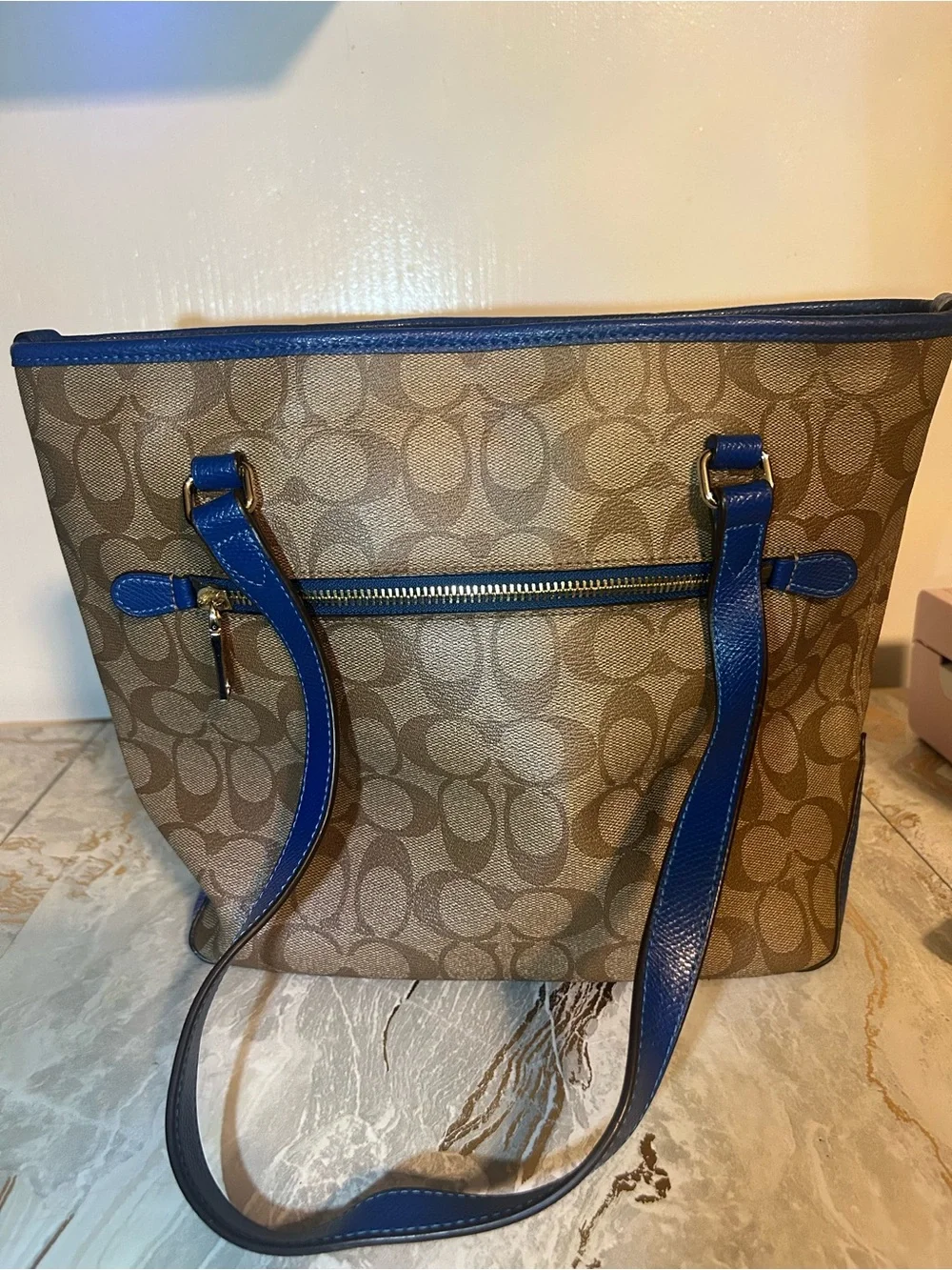 Coach Signature Canvas Zip Top Brown Blue Tote